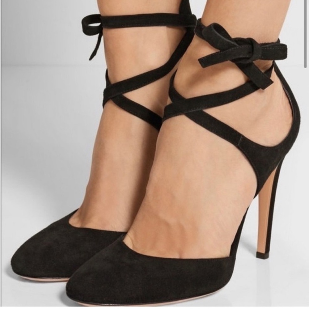 GIANVITO ROSSI Black Suede Round Toe Ankle Wrap Pumps (Size 40)